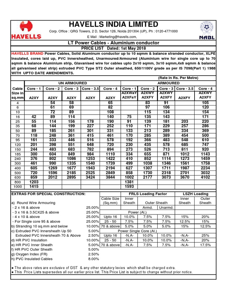 Havells Cables Pricelist 01 05 18 Pdf Electrical Conductor Wire