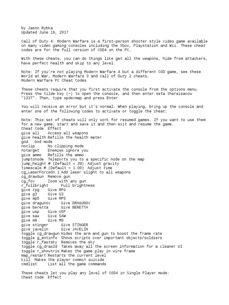 COD 4 Cheats | PDF | Cheating In Video Games | Video Games