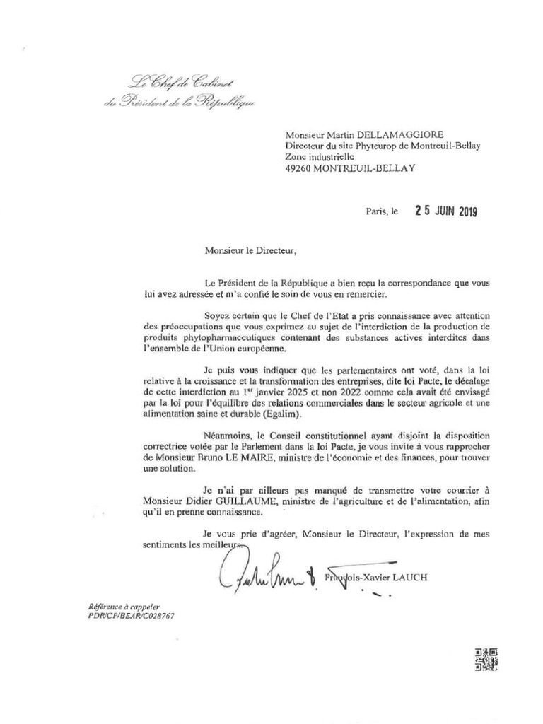 Lettre Du Directeur de Cabinet D'emmanuel Macron Au Directeur de