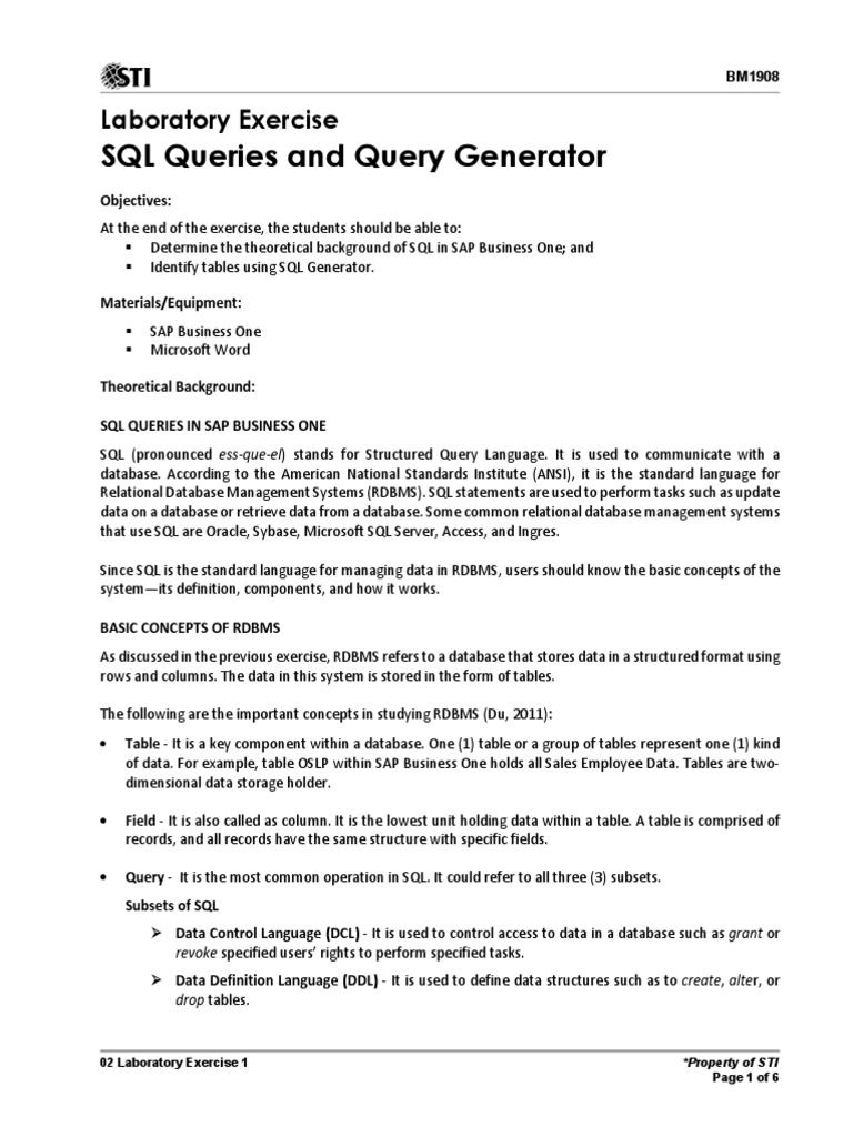 SQL Queries in SAP Business One Exercise | PDF | Relational Database | Sql