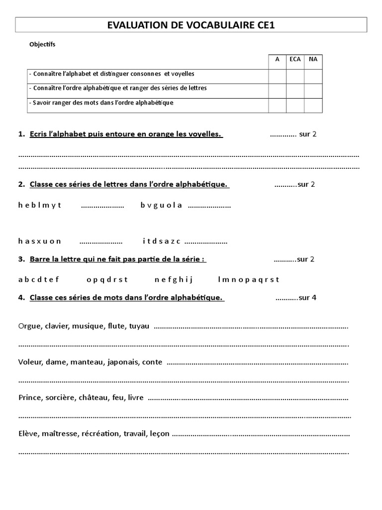 Lordre Alphabétique Ce2 Exercices Pdf Eval Vocab 1 Ce1 | PDF