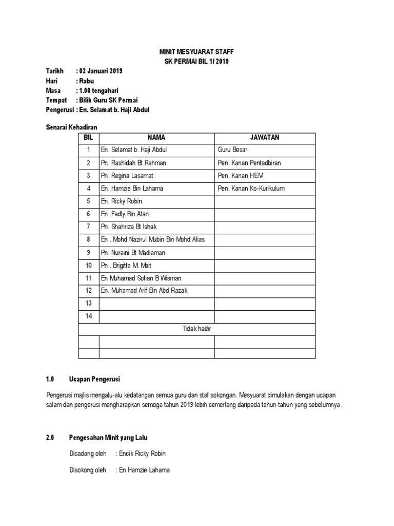Minit Mesyuarat Staff Bil 1 2019 Pdf