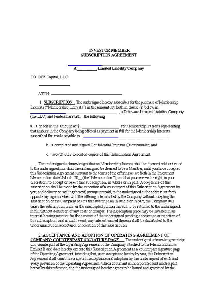 LLC Investor Subscription Agreement | PDF | Securities (Finance) | U.S ...