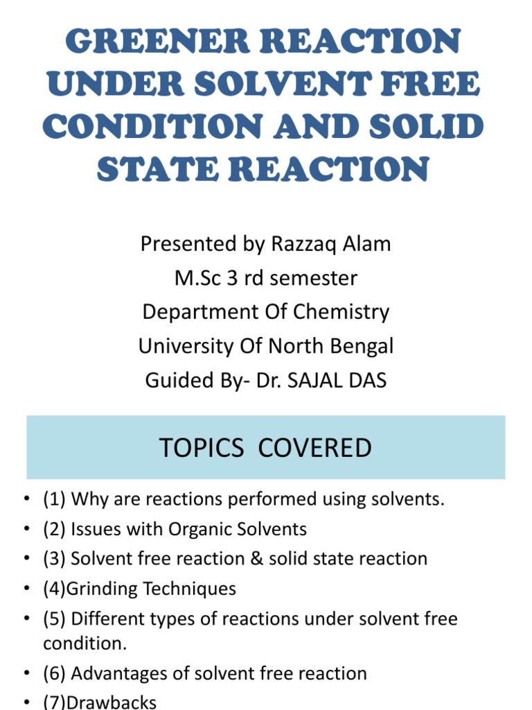 Greener Reaction Under Solvent Free Reaction and Solid PDF Chemical