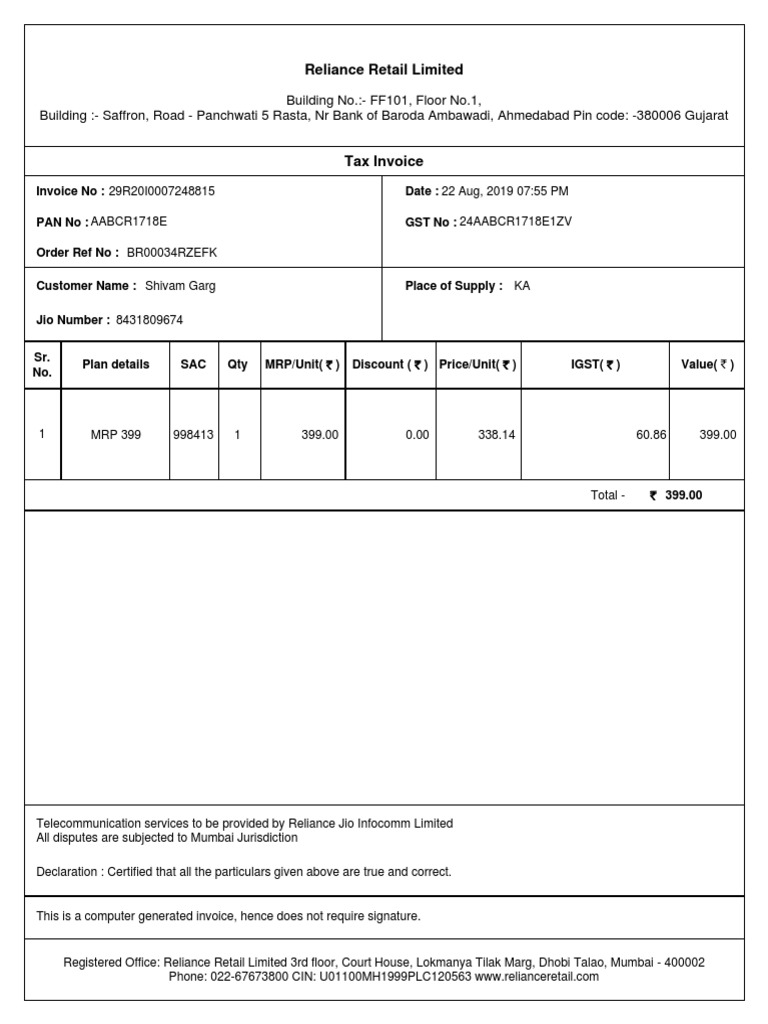 Jio Invoice for Shivam Garg | PDF | Business | Finance & Money Management