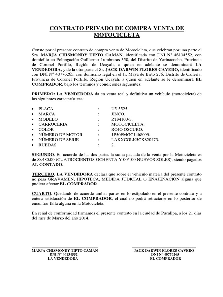 Contrato Privado de Compra Venta de Motocicleta | PDF | Hipoteca ...