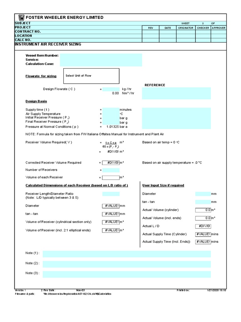 Air Receiver Sizing Microsoft Excel Volume