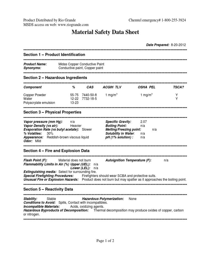 Midas Copper Conductive Paint MSDS PDF Personal Protective