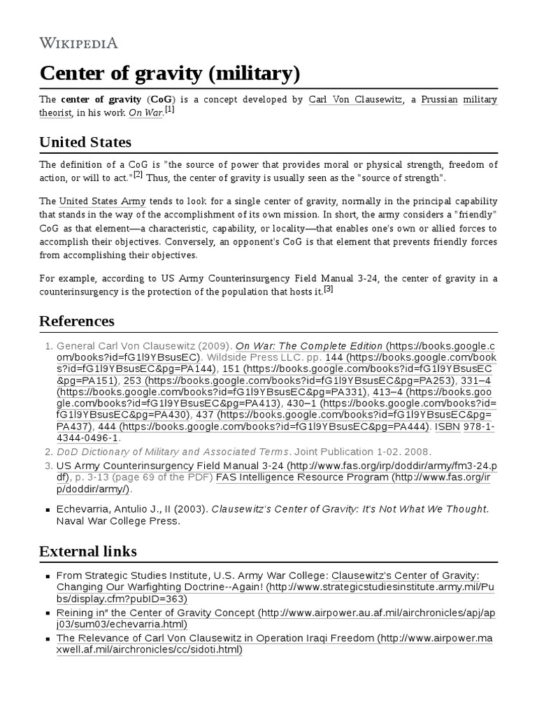 Center of Gravity (Military) PDF Carl Von Clausewitz Military Science