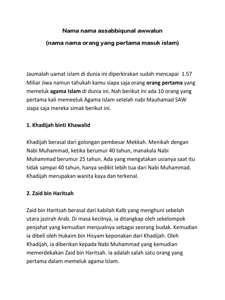 Orang yang pertama kali masuk islam dari kelompok hamba sahaya adalah