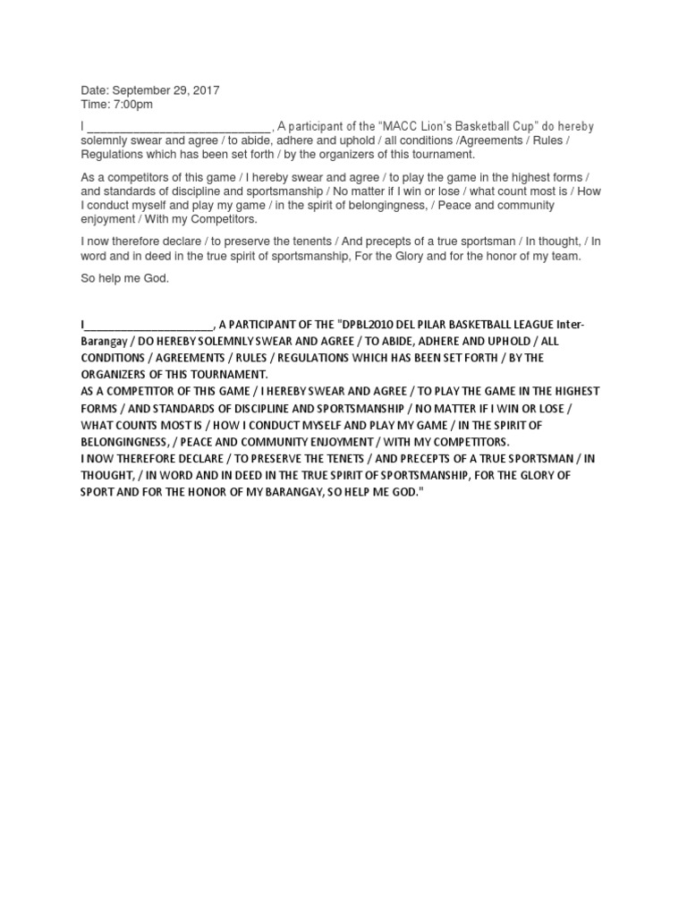 Oath of Sportsmanship for Basketball | PDF