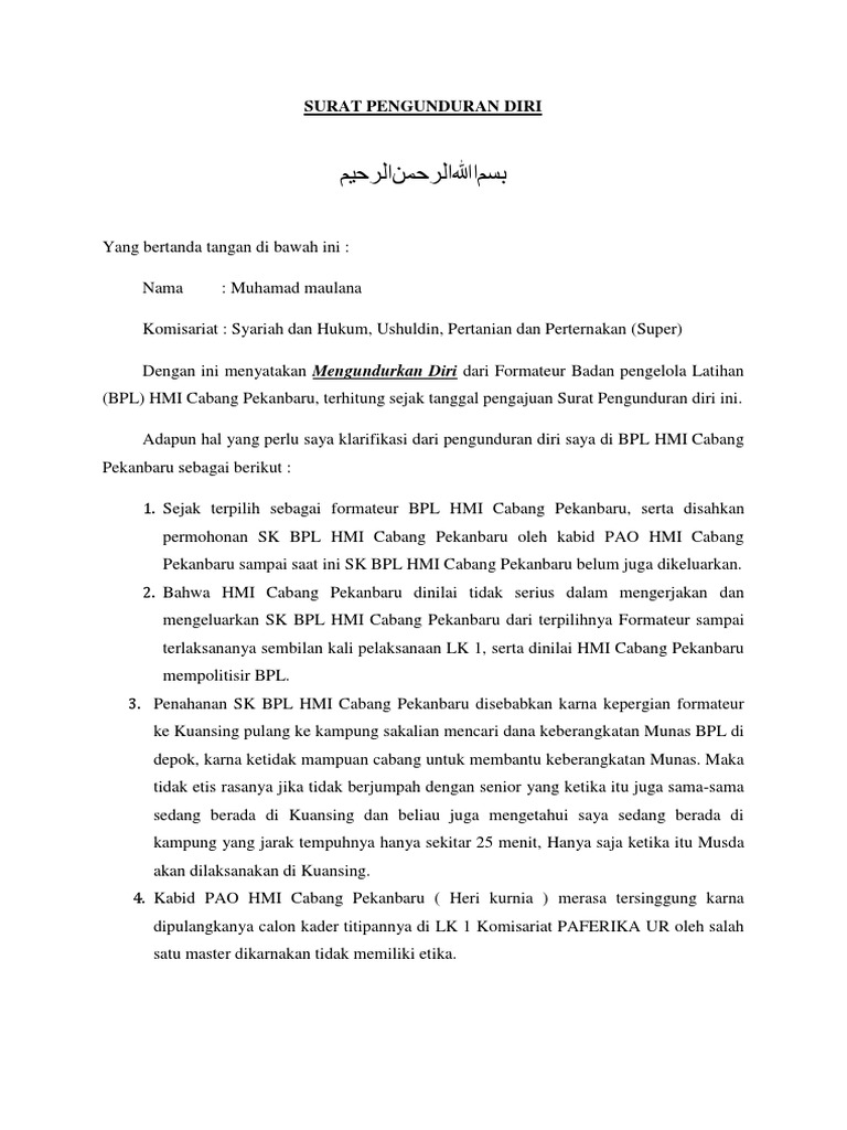 Surat Pengunduran Diri Bpl Hmi Revisi