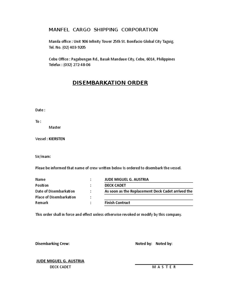 Disembarkation Orders for Seafarers | PDF | Maritime Incidents | Ships ...