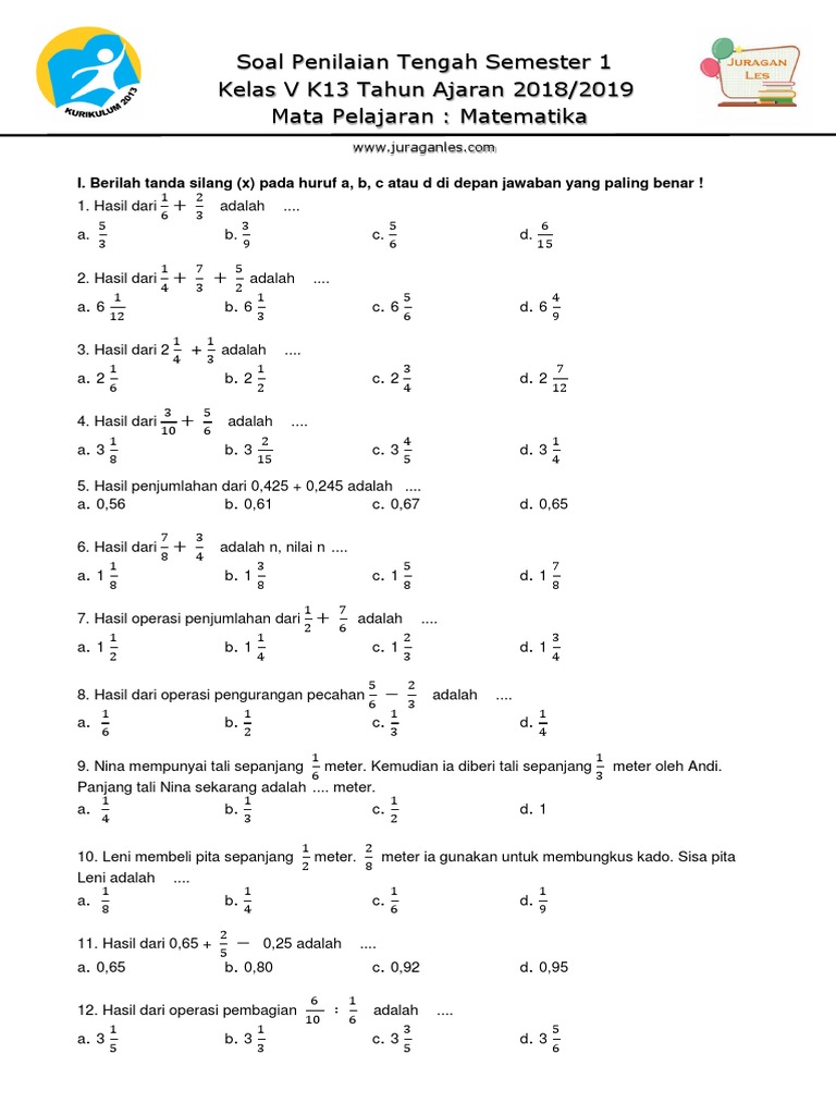 Soal Pts Matematika Kelas 5 Semester 1 K13 Tahun 2019 2020