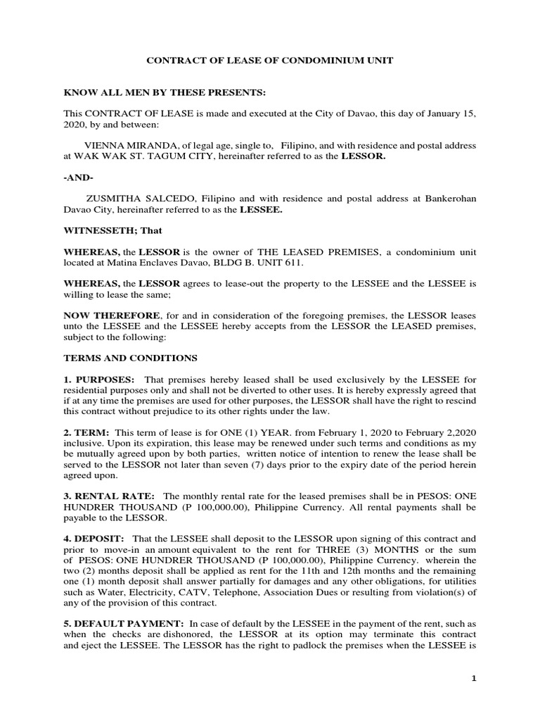 Condominium Lease Agreement Davao 2020 | PDF | Lease | Law And Economics