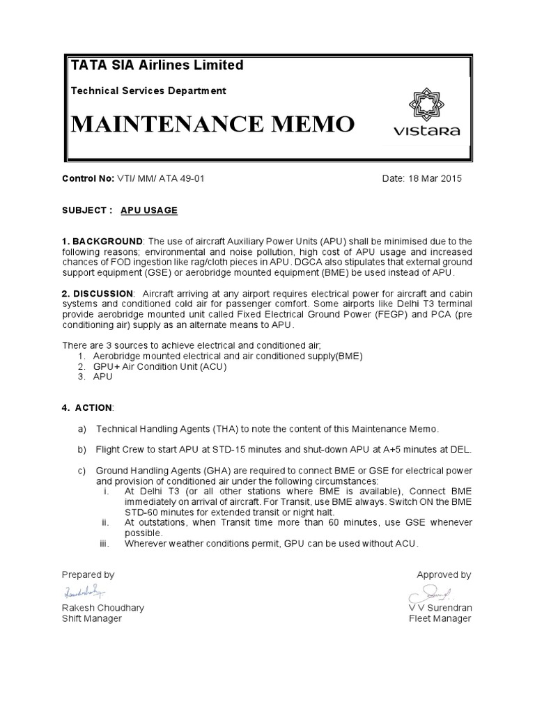 Maintenance Memo ATA 49-01 | PDF | Airport | Airlines