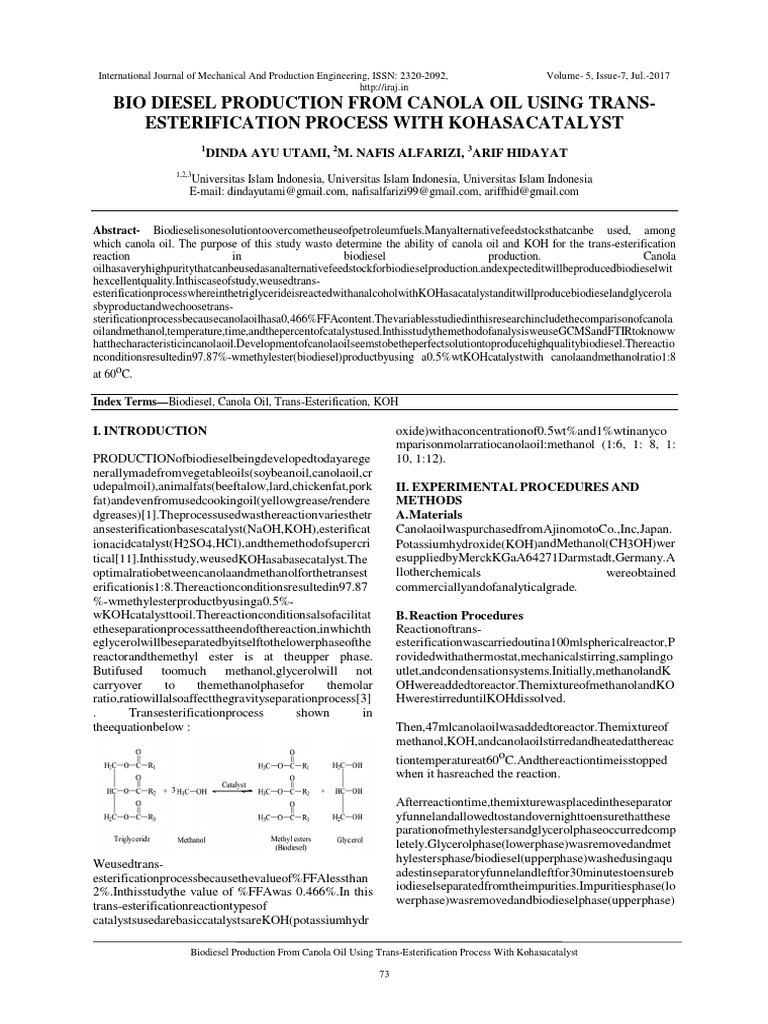 Biodiesel Produktifnya From Canola Oil PDF Biodiesel Renewable Fuels