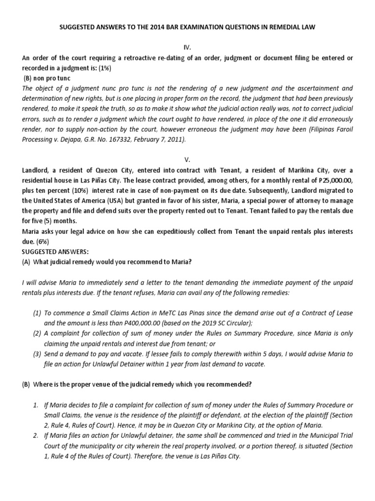 SUGGESTED ANSWERS TO THE 201419 BAR EXAMINATION QUESTIONS IN REMEDIAL