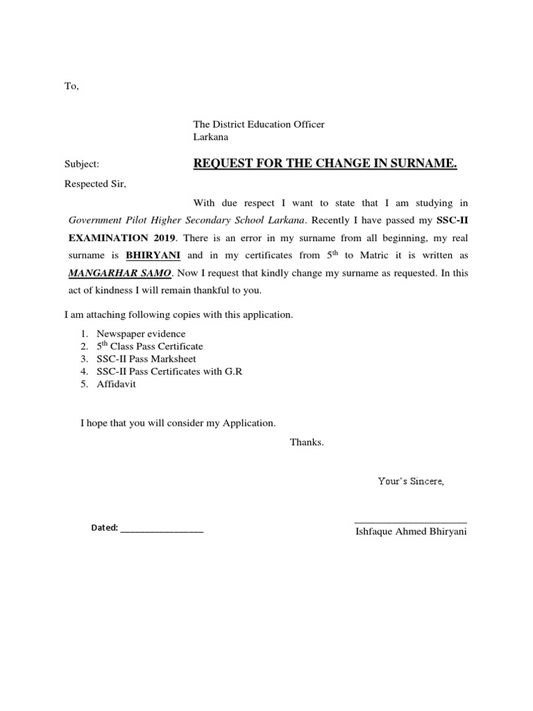 Application For Name Correction In Bank