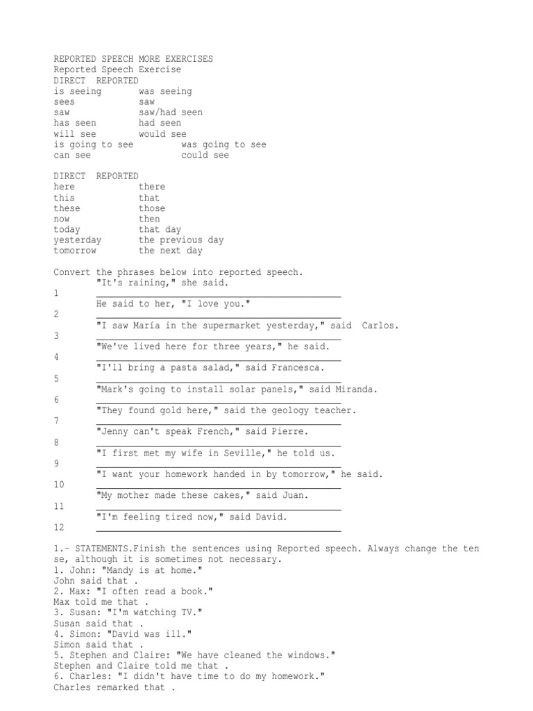 Reported Speech Exercises Guide | PDF | Leisure