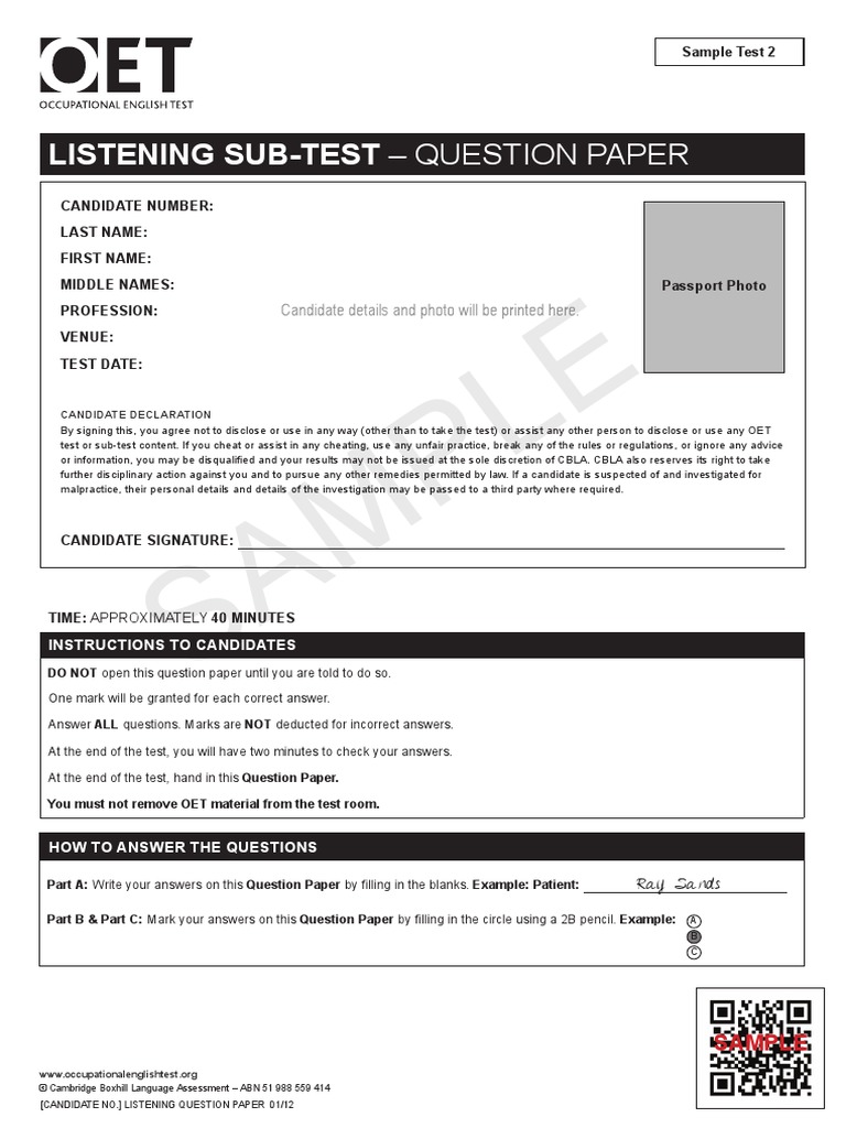 Listening Sample Test 2 Question Paper Pdf Pdf Surgery Analgesic