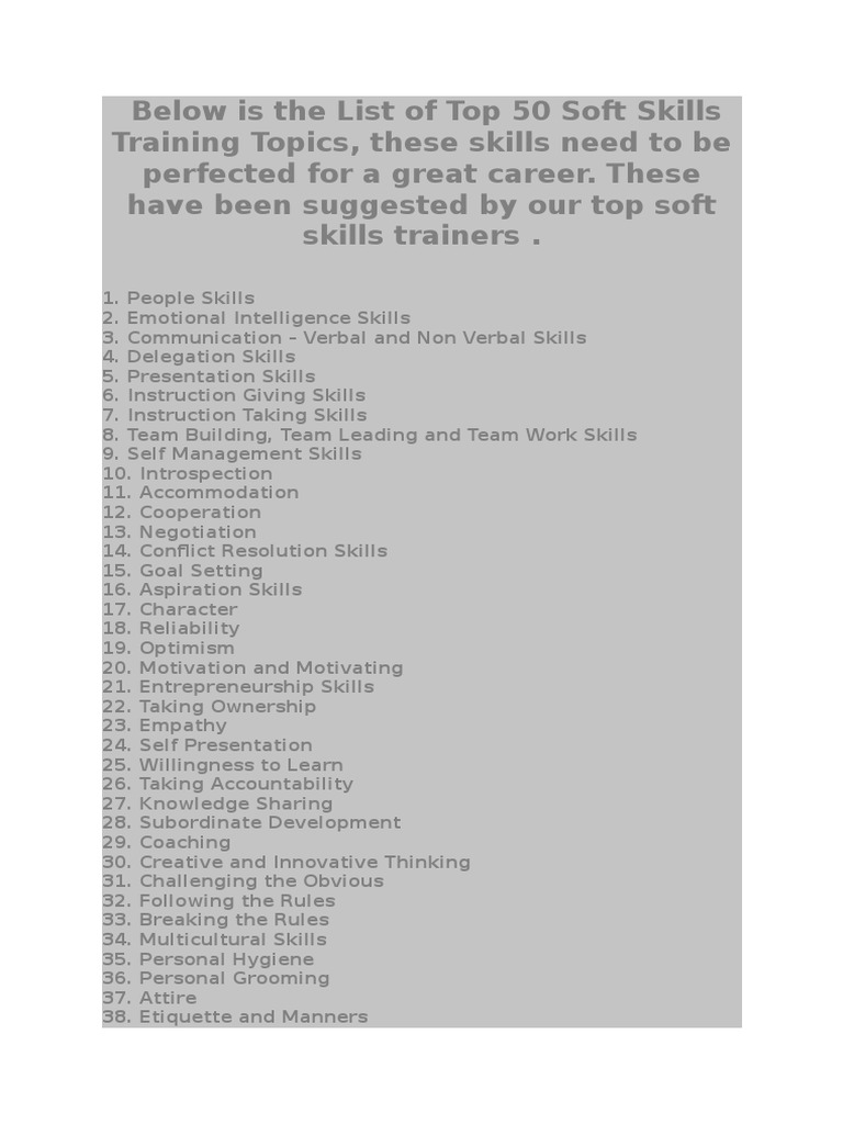 Below Is The List of Top 50 Soft Skills Training Topics PDF