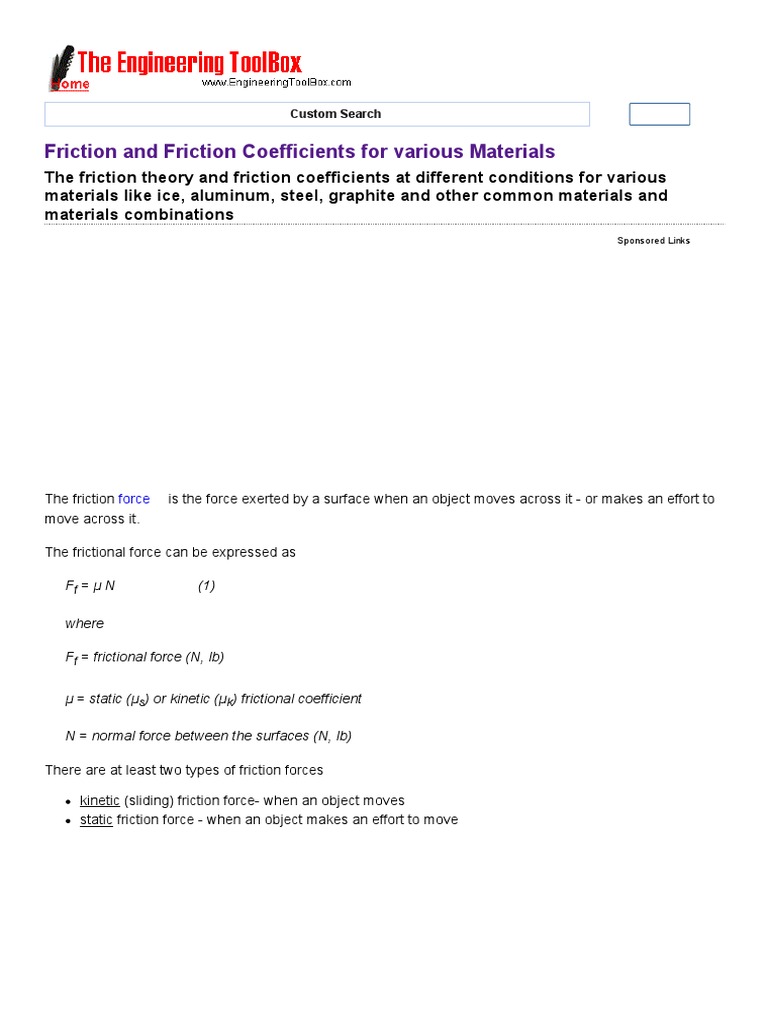 Friction Coefficients of Common Materials | PDF | Friction | Kinetic Energy