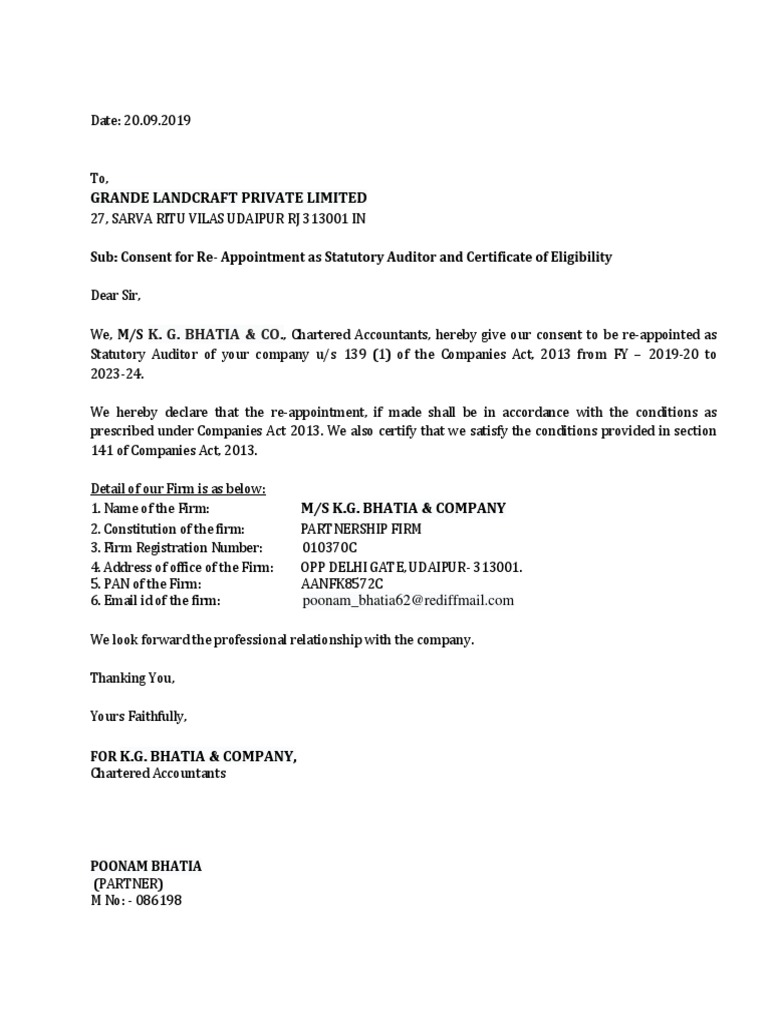 Consent for Statutory Auditor Reappointment | PDF | Business | Finance ...