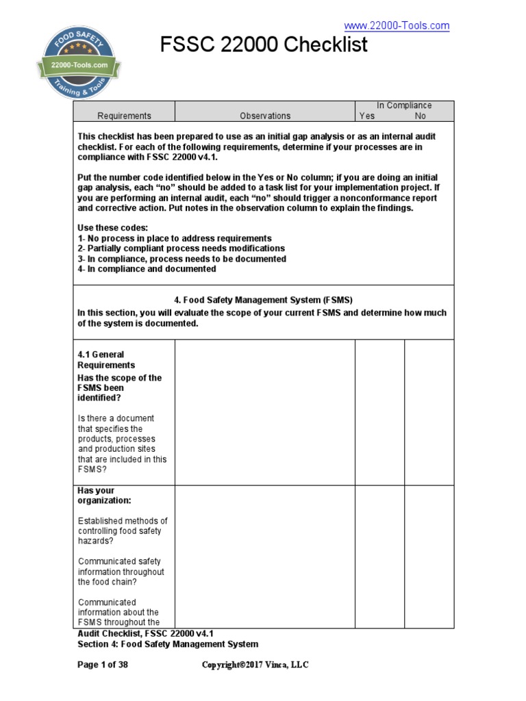 FSSC Sample Checklist PDF | PDF | Food Safety | Regulatory Compliance