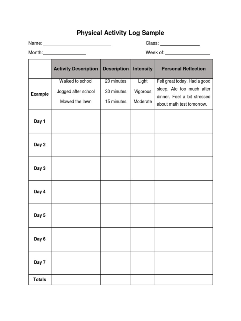 Physical Activity Log Sample ABM 12