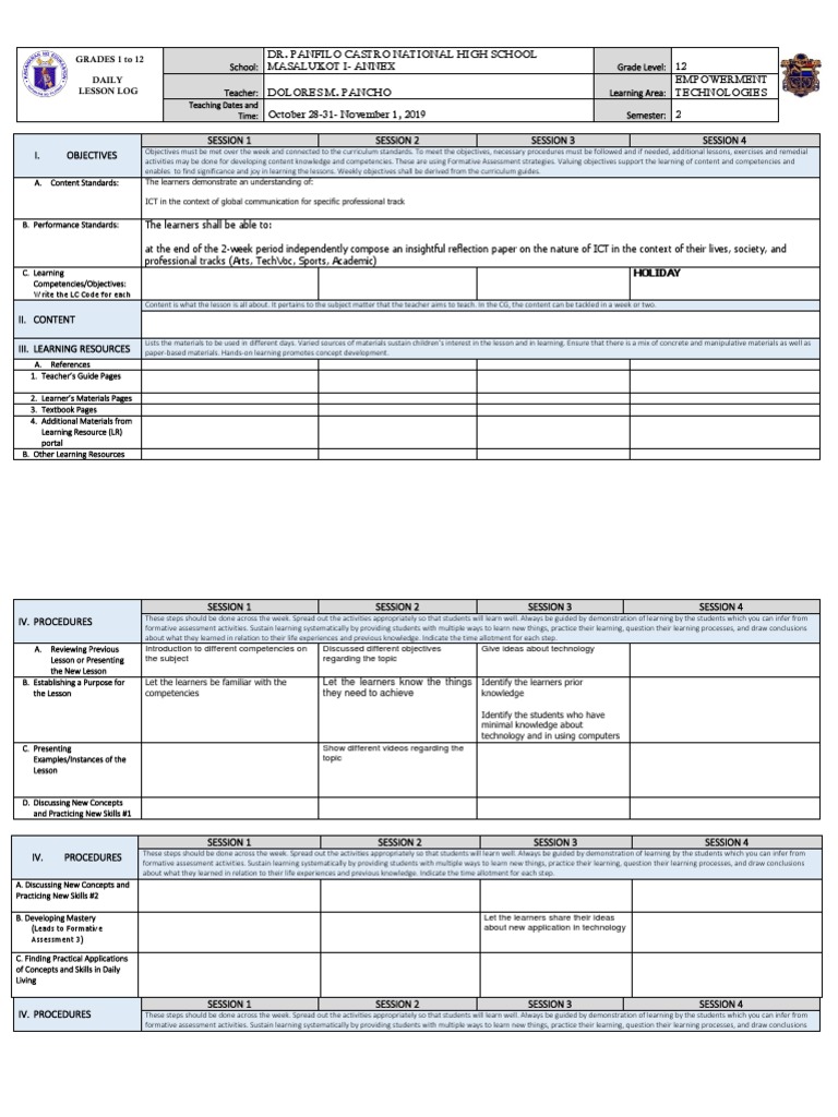 Empowerment Technologies Weekly Plan | PDF | Educational Technology ...