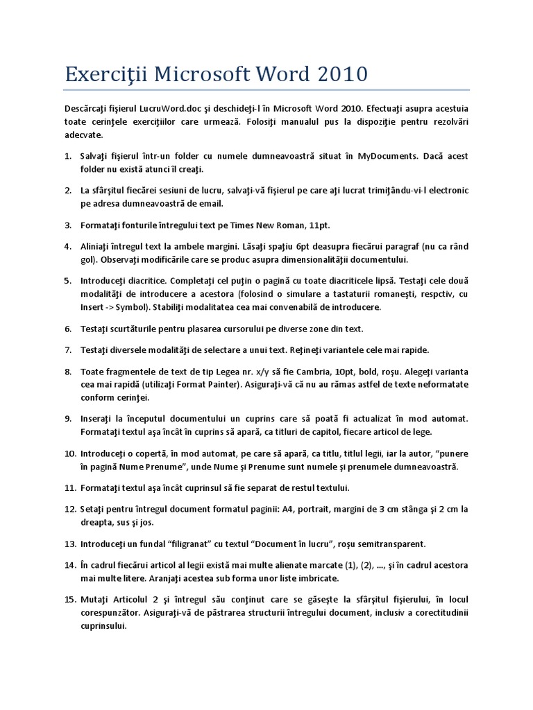 Exerciţii Microsoft Word 2010 | PDF
