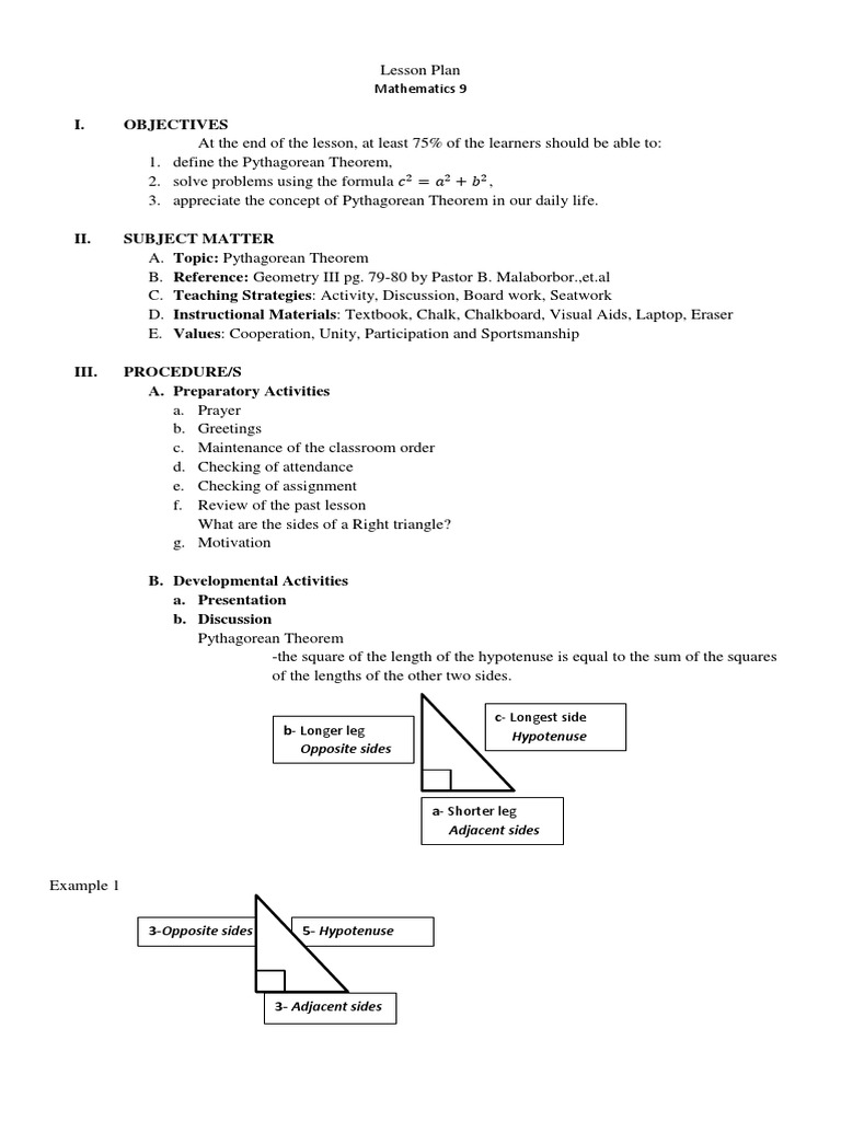 Pythagorean Theorem Lesson Plan | PDF | Triangle | Teaching Mathematics