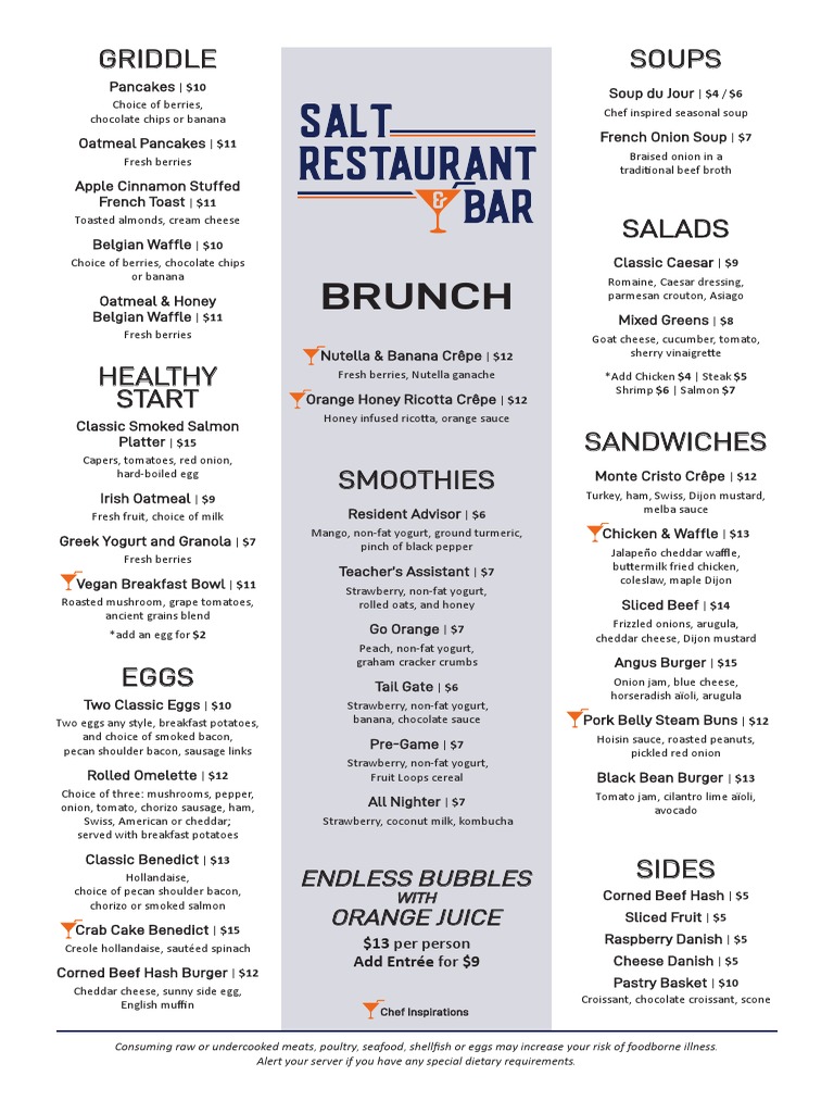 Salt Restaurant & Bar Brunch Menu Foods Cookbooks, Food, & Wine