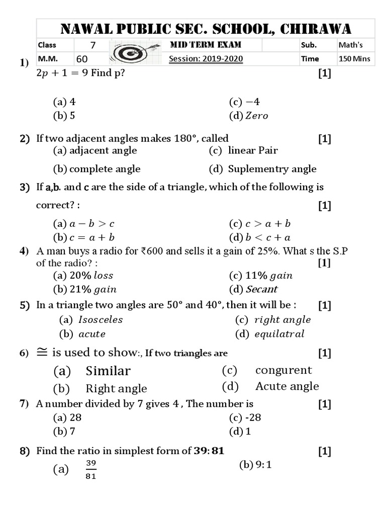 Mid Term Paper Class 7 Maths PDF Shape Triangle