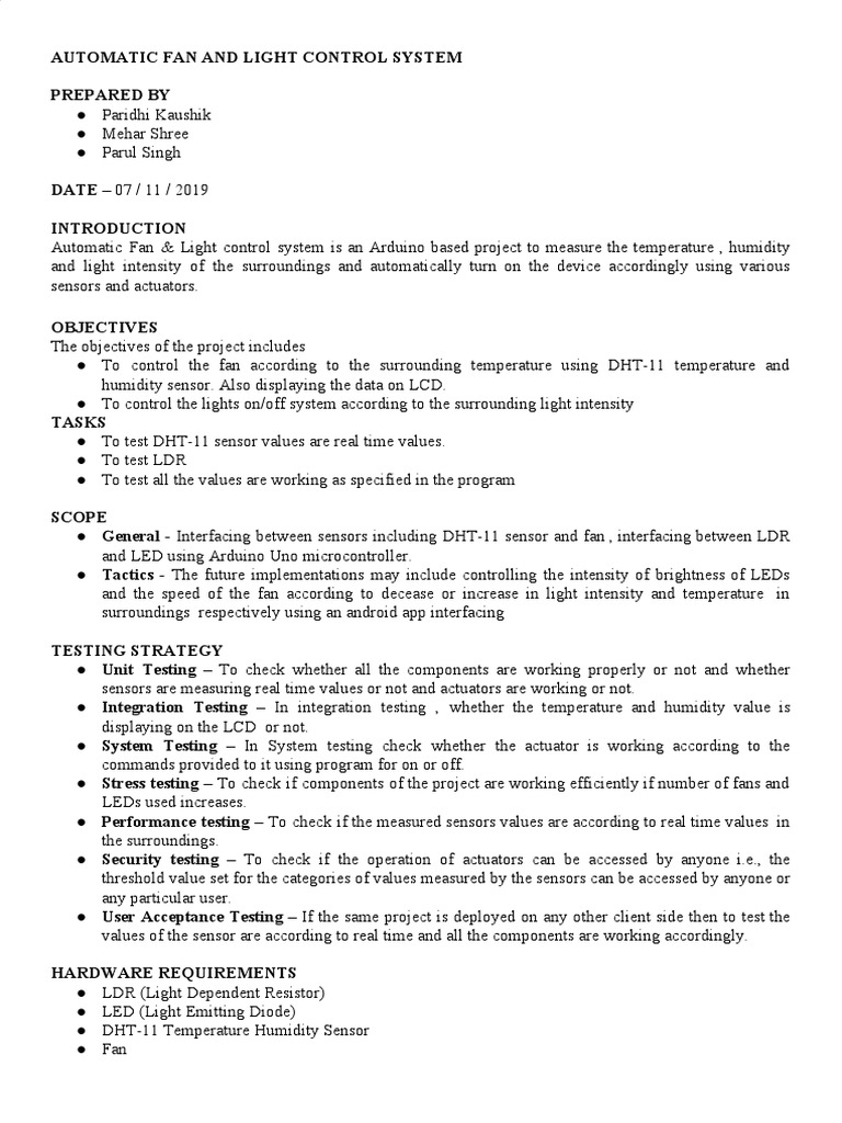 Automatic Fan and Light Control System | PDF | Software Testing | Light ...