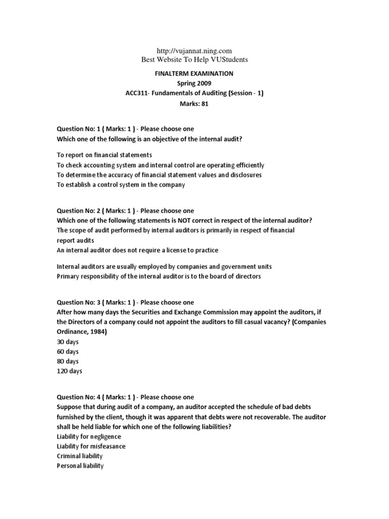 ACC311 Auditing Past Exam Questions | PDF | Internal Control | Audit