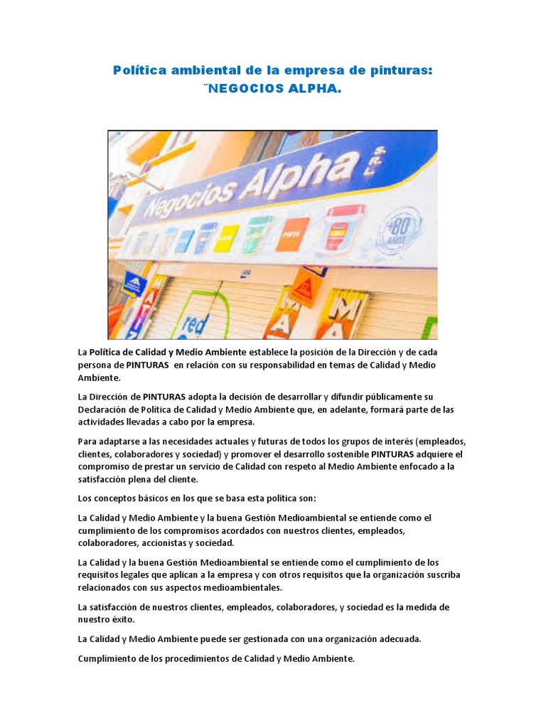 Politica Ambiental De La Empresa De Pinturas Alpha Calidad Comercial Economias
