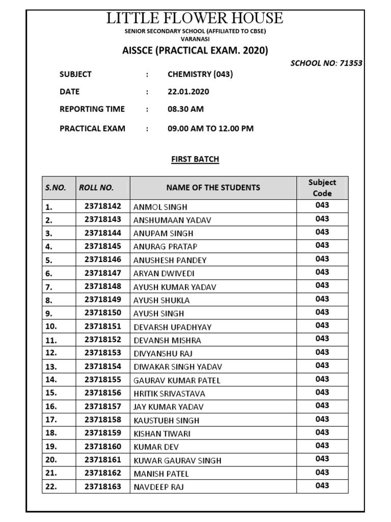 Chemistry Practical Exam Schedule | PDF | Students | Government Of India
