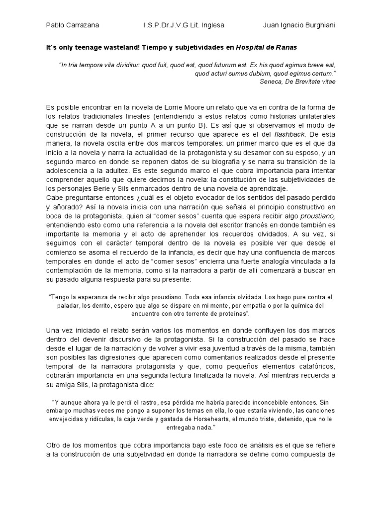 Tiempo y Subjetividades en Hospital de Ranas de Lorrie Moore PDF Narrativa Memoria