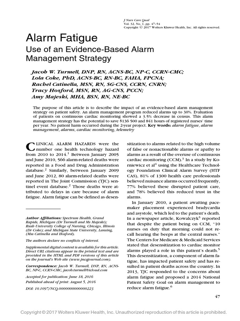 Alarm Fatigue Use of An EvidenceBased Alarm Management Strategy PDF