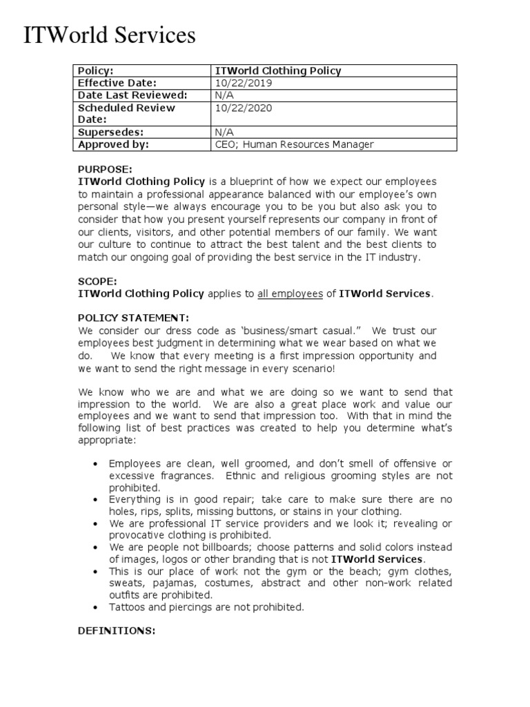 Dress Code Policy PDF Clothing Business
