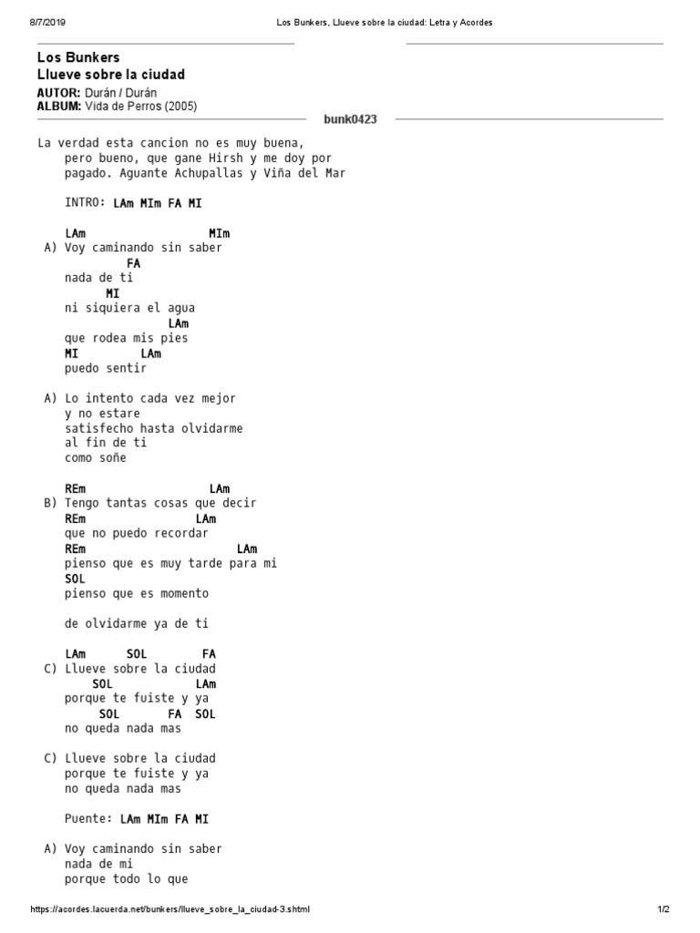 Los Bunkers Llueve Sobre La Ciudad Letra Y Acordes