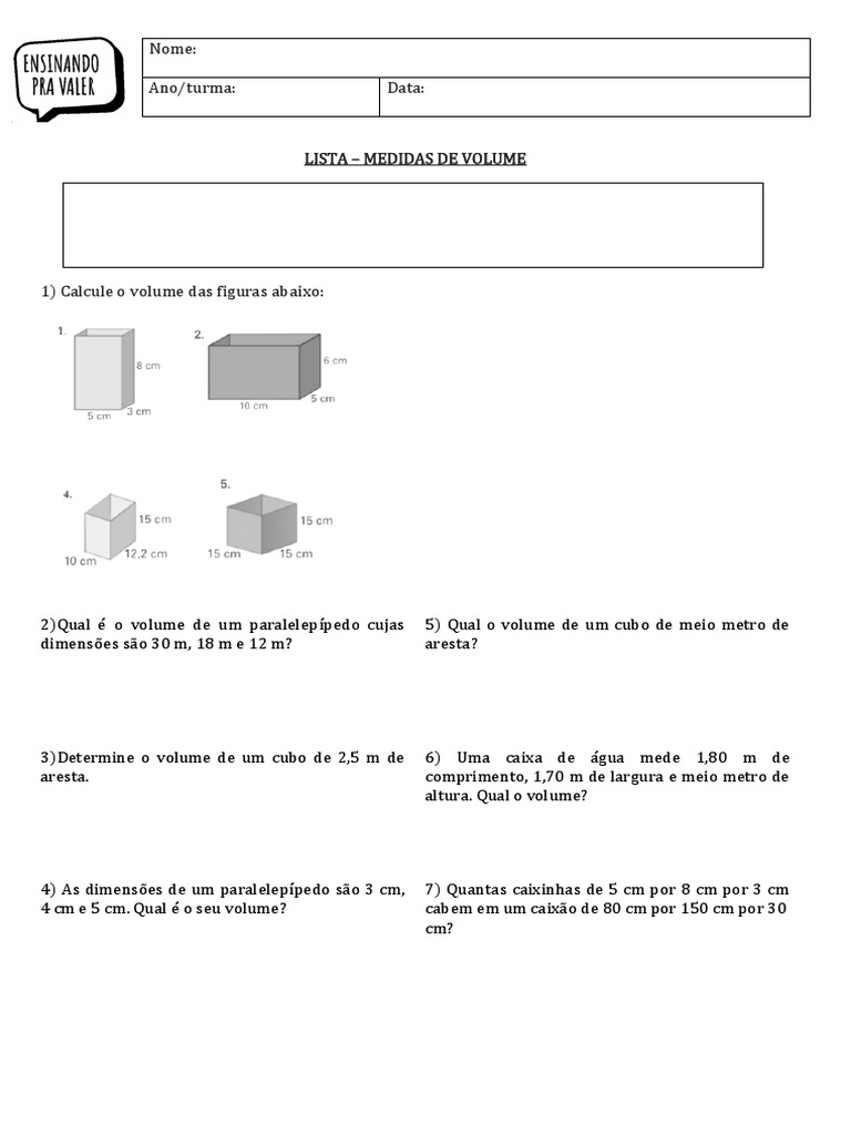 Exercícios de Volume e Capacidade 8º Ano | PDF | Volume | Quantidade