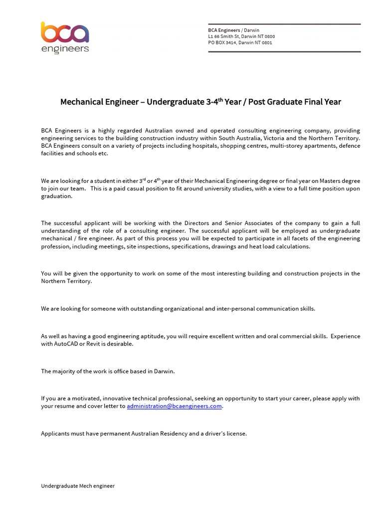 BCA Engineers - Mechanical Engineer | PDF