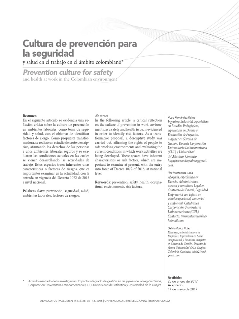 Cultura de Prevención en Salud Laboral Colombiana | PDF | Seguridad y ...