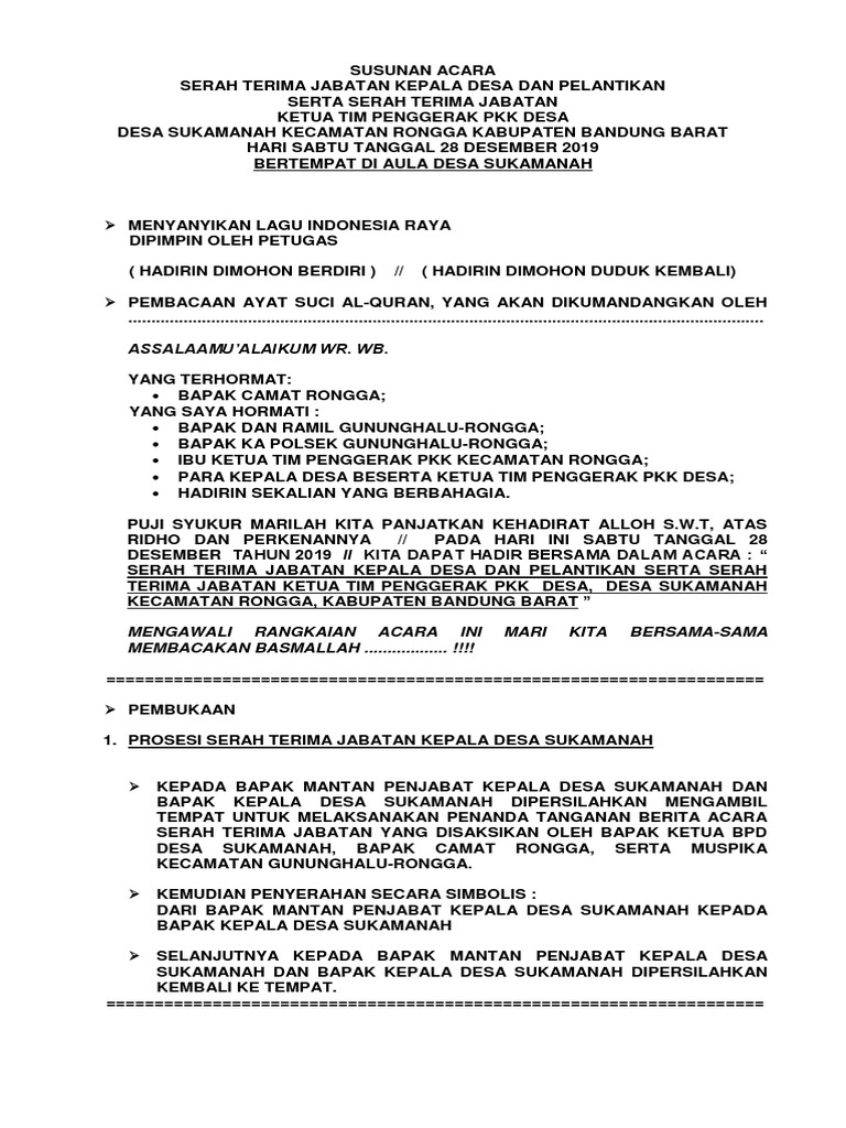 Susunan Acara Sertijab Kades Tp Pkk Desa Sukamanah 2019