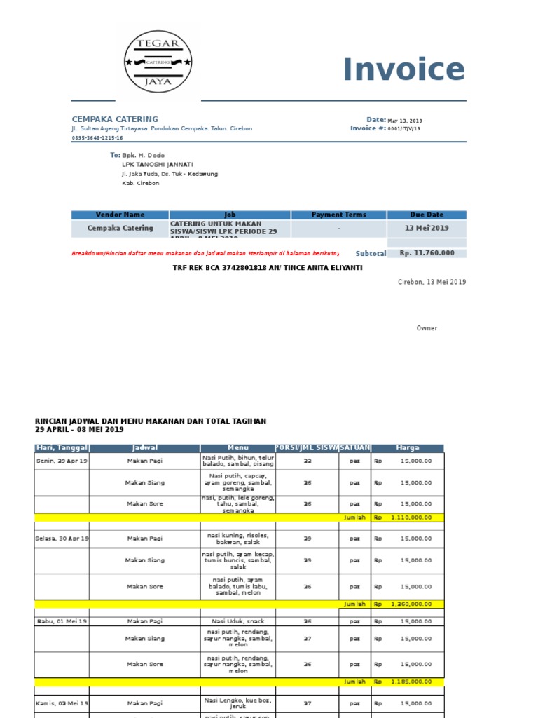 Invoice Catering Cempaka 2019 | PDF