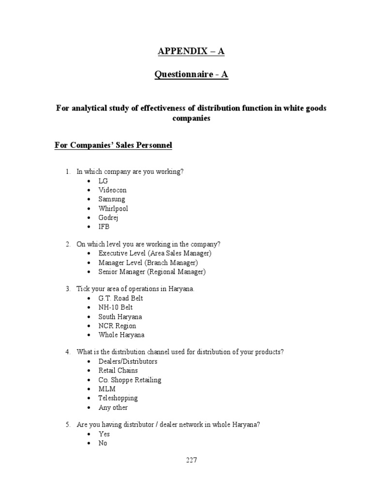 Effectiveness of Distribution Channel Questionnaire Shodhganga PDF