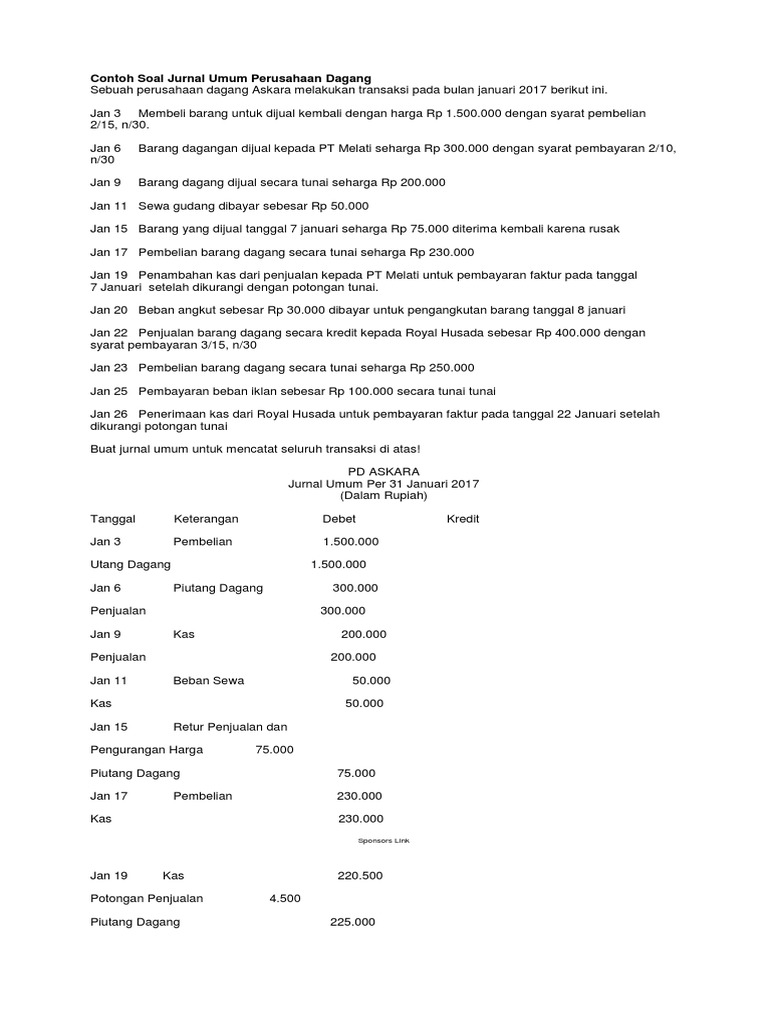 Contoh Soal Jurnal Umum Perusahaan Dagang